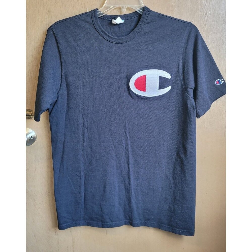 VINTAGE Champion Shirt Adult Large Navy Blue Big Logo Spell Out Mens 90s * 🔥
